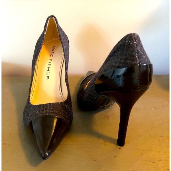 Marc Fisher brown, tweed with patten leather “Moyen” heels. - Picture 1 of 9
